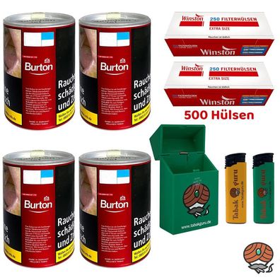 Burton Red/Rot Volumentabak Dose 4x à 65g, Winston Extra Hülsen, Zubehör