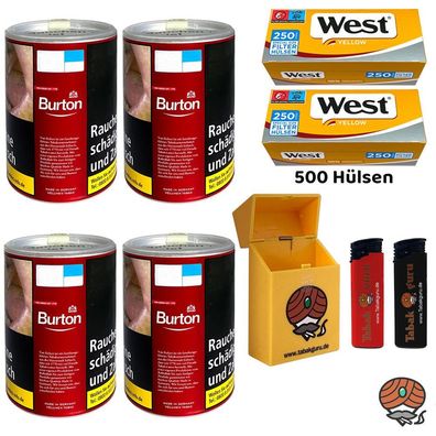 Burton Red/Rot Volumentabak Dose 4x 65g, West Yellow Extra Hülsen, Zube