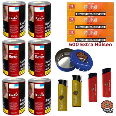 Burton Red/Rot Volumentabak Dose 6x 65g, Pall Mall Allround Xtra Hülsen, Zube