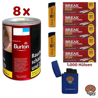Burton Red/Rot Volumentabak Dose 8x à 65g, Break Plus Extra Hülsen, Feuerzeuge