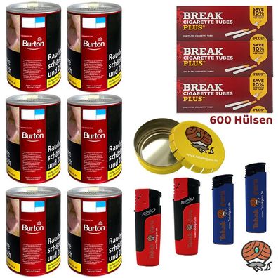 Burton Red/Rot Volumentabak Dose 6x à 65g, Break Plus Hülsen, Feuerzeuge, Ascher