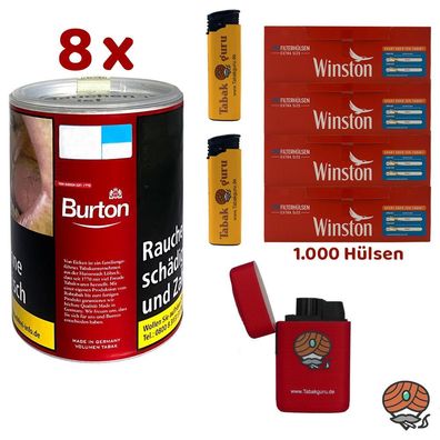 Burton Red/Rot Volumentabak Dose 8x à 65g, Winston Extra Hülsen, Feuerzeuge