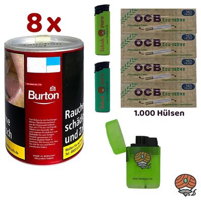 Burton Red/Rot Volumentabak Dose 8x à 65g, OCB Eco Tubes Hülsen, Feuerzeuge
