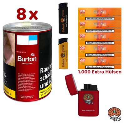 Burton Red/Rot Volumentabak Dose 8x 65g, Pall Mall Allround Xtra Hülsen, Feuer
