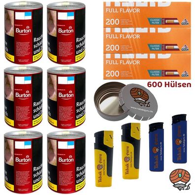 6x Burton Red/Rot Volumentabak Dose à 65g, Gizeh Full Flavor Hülsen, Zubehör