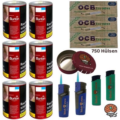 6x Burton Red/Rot Volumentabak Dose à 65g, OCB Eco Tubes Hülsen, Zubehör