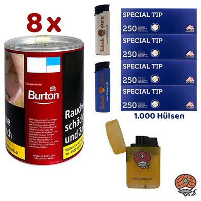 Burton Red/Rot Volumentabak Dose 8x à 65g, Gizeh Special Tip Hülsen, Feuerzeuge