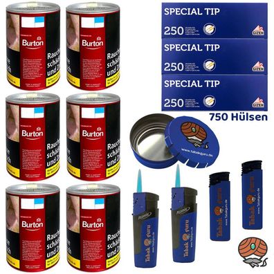 6x Burton Red/Rot Volumentabak Dose à 65g, Gizeh Special Tip Hülsen, Zubehör