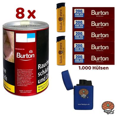 Burton Red / Rot Volumentabak Dose 8x à 65g, Burton Hülsen, Feuerzeuge