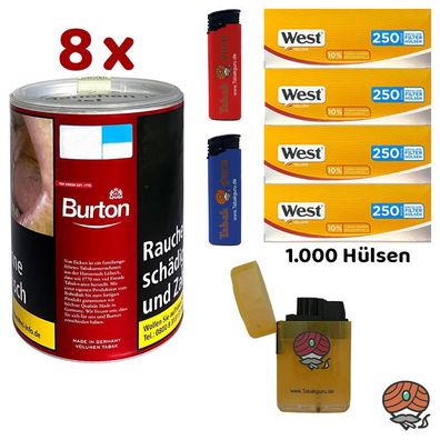 Burton Red/Rot Volumentabak Dose 8x à 65g, West Yellow Extra Hülsen, Feuerzeuge