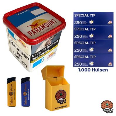 Paramount Volumentabak Giga Box 230g, Gizeh Special Tip Hülsen, Feuerzeuge, Box
