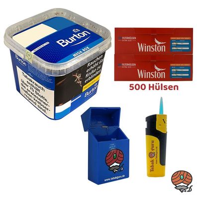 Burton Blue/Blau Volumentabak MEGA BOX 270g, Winston Extra Hülsen, Feuerzeuge