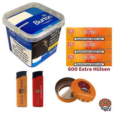 Burton Blue/Blau Volumentabak MEGA BOX 270g, Allround Xtra Hülsen, Feuerzeuge