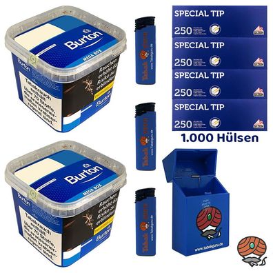 Burton Blue/Blau Volumentabak MEGA BOX 2x 270g, Gizeh Special Tip Hülsen, Zube