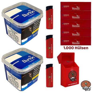 Burton Blue/Blau Volumentabak MEGA BOX 2x 270g, Winston Hülsen, Feuerzeuge Box