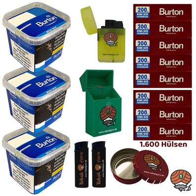 Burton Blue/Blau Volumentabak MEGA BOX 3x 270g, Burton Hülsen, viel Zubehör