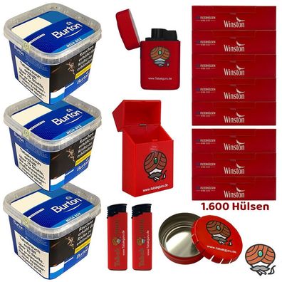 Burton Blue/Blau Volumentabak MEGA BOX 3x 270g, Winston Hülsen, viel Zubehör