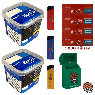 Burton Blue/Blau Volumentabak MEGA BOX 2x 270g, Winston Extra Hülsen, Zubehör
