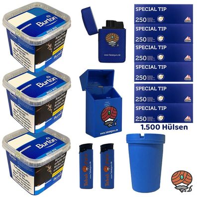 Burton Blue/Blau Volumentabak MEGA BOX 3x 270g, Gizeh Special Tip Hülsen, Zub