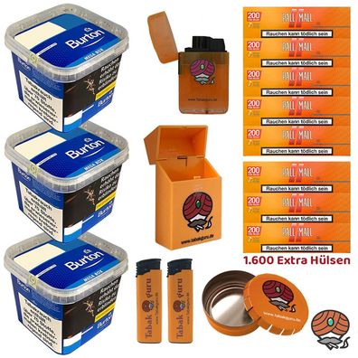 Burton Blue/Blau Volumentabak MEGA BOX 3x 270g, Allround Xtra Hülsen, Zubehör
