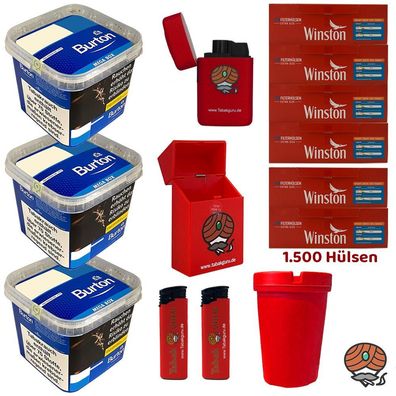 Burton Blue/Blau Volumentabak MEGA BOX 3x 270g, Winston Extra Hülsen, Zubehör