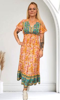 Sommer Maxikleid Kleid kurzarm Volant V-Ausschnitt Blumenprint Orange/Bunt Gr. XL