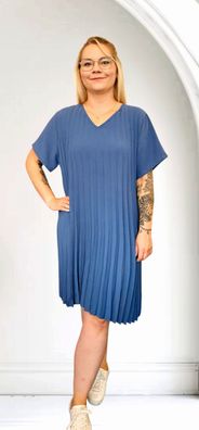 Italy Plisseekleid Sommerkleid Kleid kurzarm Viskose V-Ausschnitt one size Jeansblau