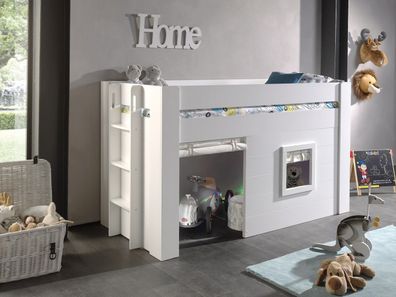Hochbett Noha MDF Weiß 90x200 cm mit Vorhängen