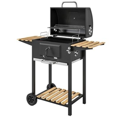 Holzkohlegrill aus Edelstahl fahrbar Grillwagen mit Deckel Thermometer Grillrost