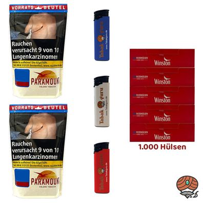 Paramount Volumentabak Beutel 2x 170g, 1000 Winston Hülsen, Feuerzeuge