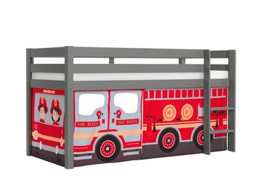 Halbhohes Bett Pino mit Textilset Feuerwehr Kiefer Grau lackiert