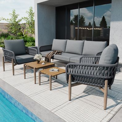 Garten Loungesessel Set, 3er Sofa, 2 Sessel und 2 Couchtische WPC Tischplatte, grau