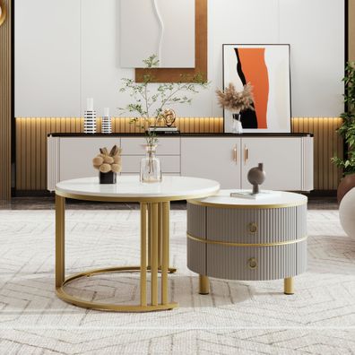 2-in-1 runder MDF-Couchtisch mit Marmorplatte, 2 Schubladen,70x70x46 cm + 50x50x40 cm