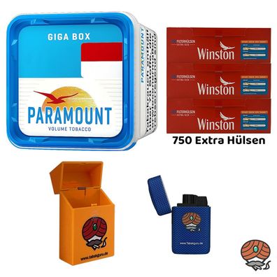 Paramount Blue Volumentabak Giga Box 230g, Winston Extra Hülsen, Zubehör