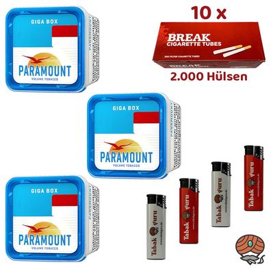 Paramount Volumentabak Giga Box 3x 230g, 2000 Break Hülsen, Feuerzeuge