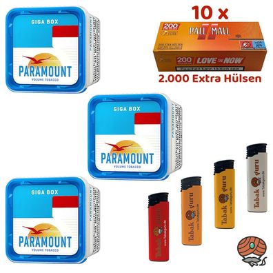 Paramount Volumentabak Giga Box 3x 230g, Pall Mall Allround Xtra Hülsen, Feuerz