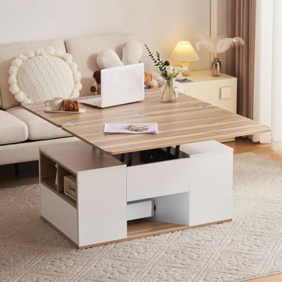 Hebbarer Multifunktions-Couchtisch mit 2 Tischen, Schubladen, Weiß & Holzfarbe