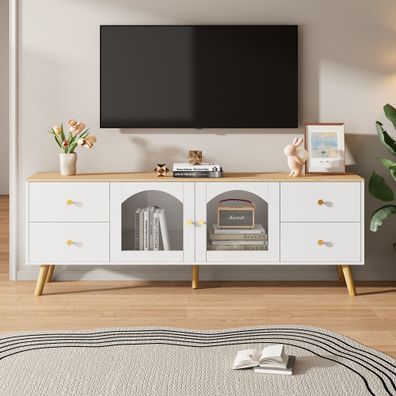 TV-Schrank mit Stauraum, 2 Seitentüren Hartglas, Dekotisch für Wohnzimmer & Esszimmer