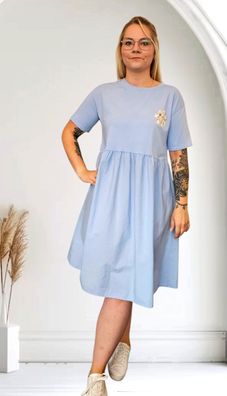 Italy 38 40 42 Sommerkleid Baumwollkleid Kleid weich kurzarm knielang in Hellblau