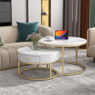 Moderner Nesting Couchtisch 2er Set, Hochglanz Marmormuster, runde Beistelltische