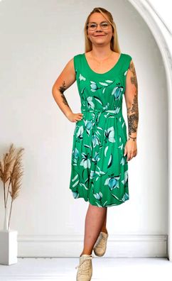 Italy 44 46 Sommerkleid Midikleid ohne Arm Bindeband Viskose Blumenprint Grün