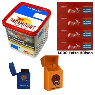 Paramount Volumentabak Titan Box 315g, Winston Extra Hülsen, Sturmfeuerzeug Box