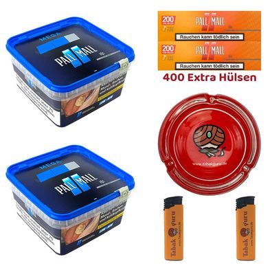 Pall Mall Blue/Blau Tabak Mega Box 2x 125g, Allround Xtra Hülsen, Glasascher