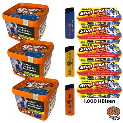 Fargo Stopf-Box Volumentabak Eimer 3x 155g, 1000 Fargo Hülsen, Feuerzeuge