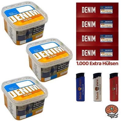 Denim Volumentabak Big Box 3x 160g, 1000 Extra Hülsen, Feuerzeuge