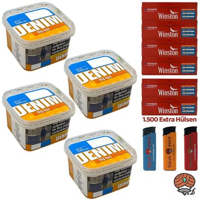 Denim Volumentabak Big Box 4x 160g, 1500 Winston Extra Hülsen, Feuerzeuge