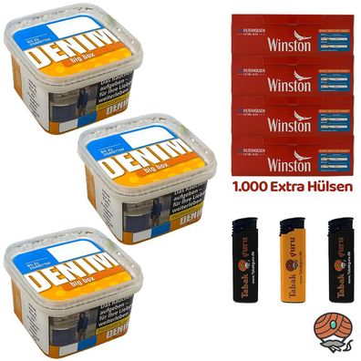 Denim Volumentabak Big Box 3x 160g, 1000 Winston Extra Hülsen, Feuerzeuge