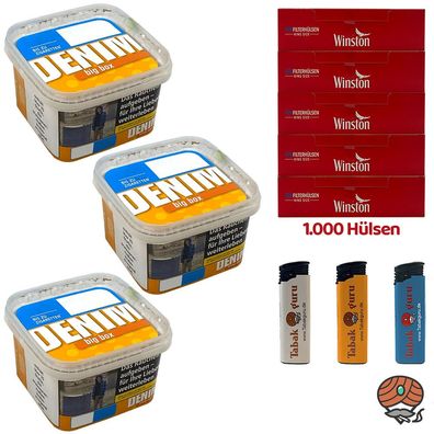 Denim Volumentabak Big Box 3x 160g, Winston Hülsen, Feuerzeuge