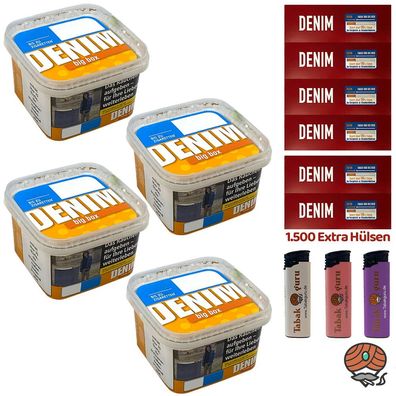 Denim Volumentabak Big Box 4x 160g, 1500 Extra Hülsen, Feuerzeuge