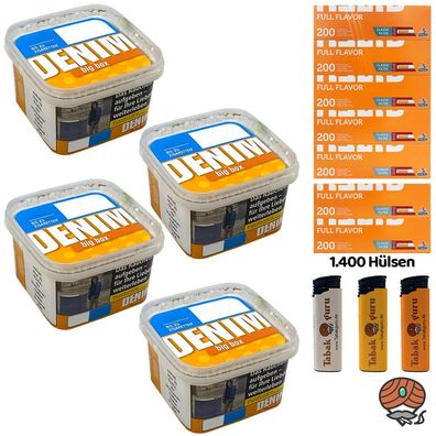Denim Volumentabak Big Box 4x 160g, Gizeh Full Flavor Hülsen, Feuerzeuge